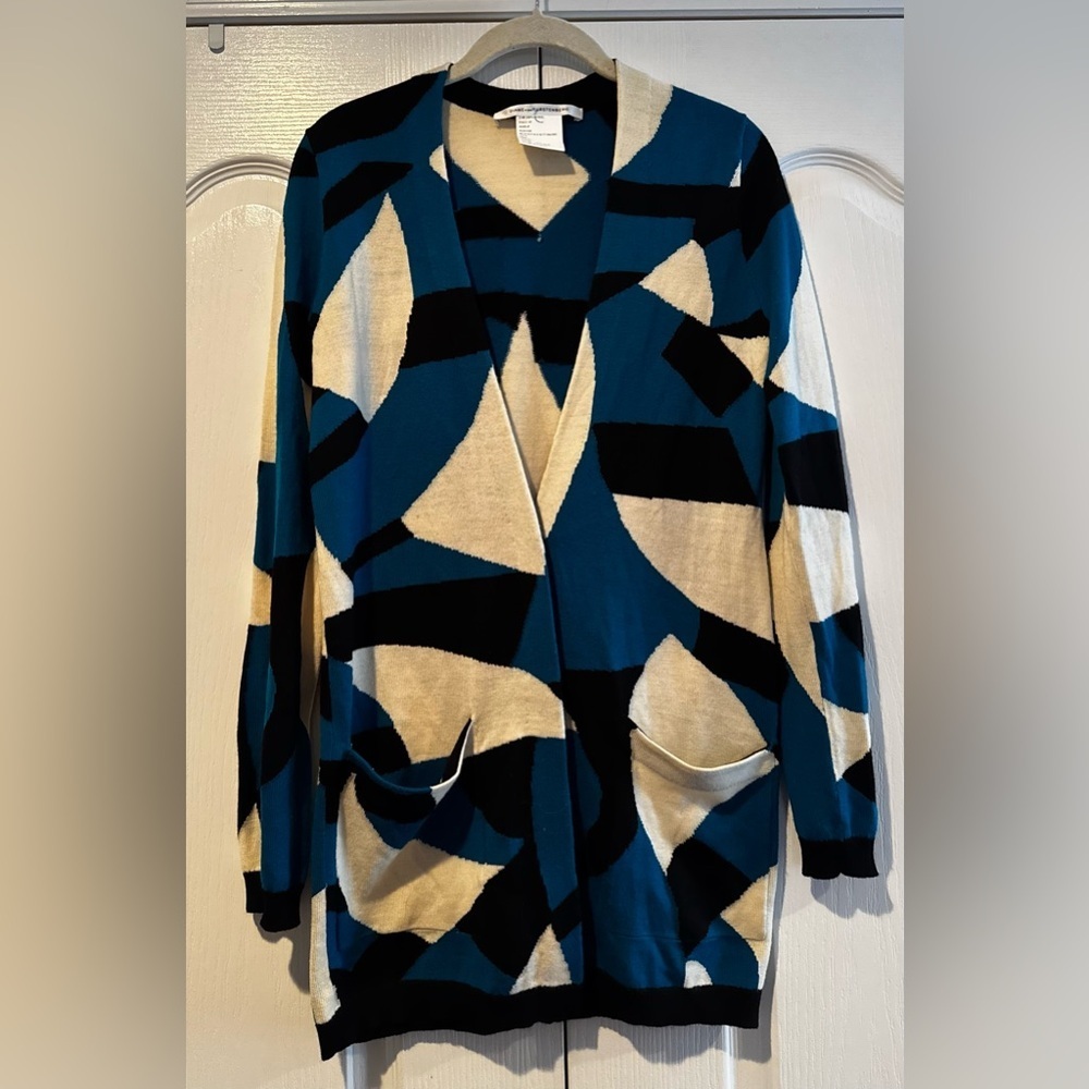 Diane Von Furstenberg Blue, Black and Cream Wool Abstract Cardigan - Size S?